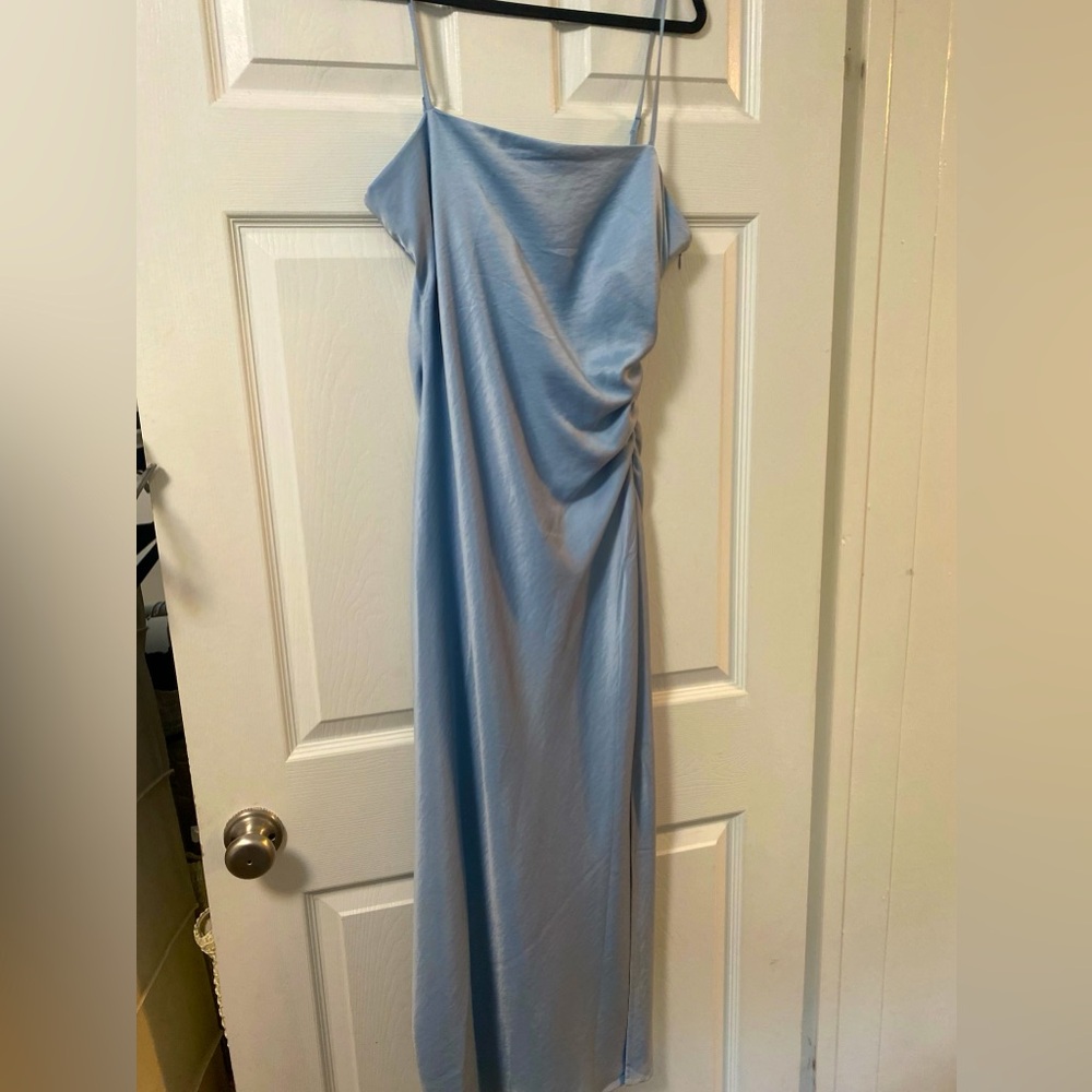 Blue, satin, midi length cocktail dress